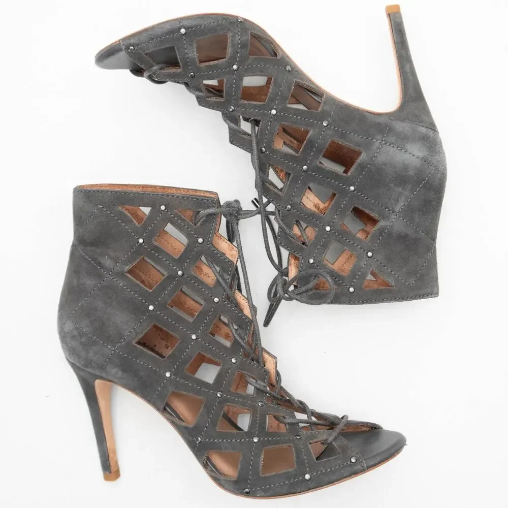 Joie Gray Sueded Cayla Studded Caged Lace Up Stiletto Heels Size 38 US 7.5